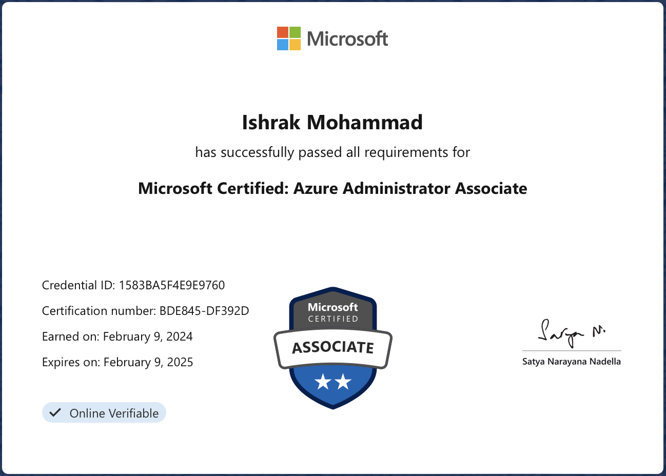 Microsoft Certified: Azure Administrator Associate certificate