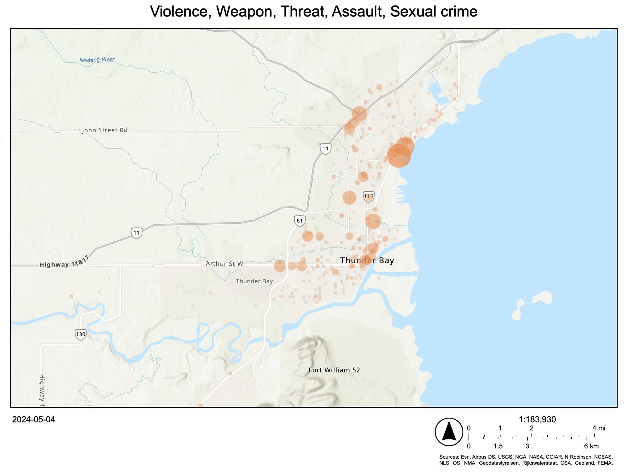 Aggregated map of violence, weapon, threat, assault, and sexual crime incidents across Thunder Bay