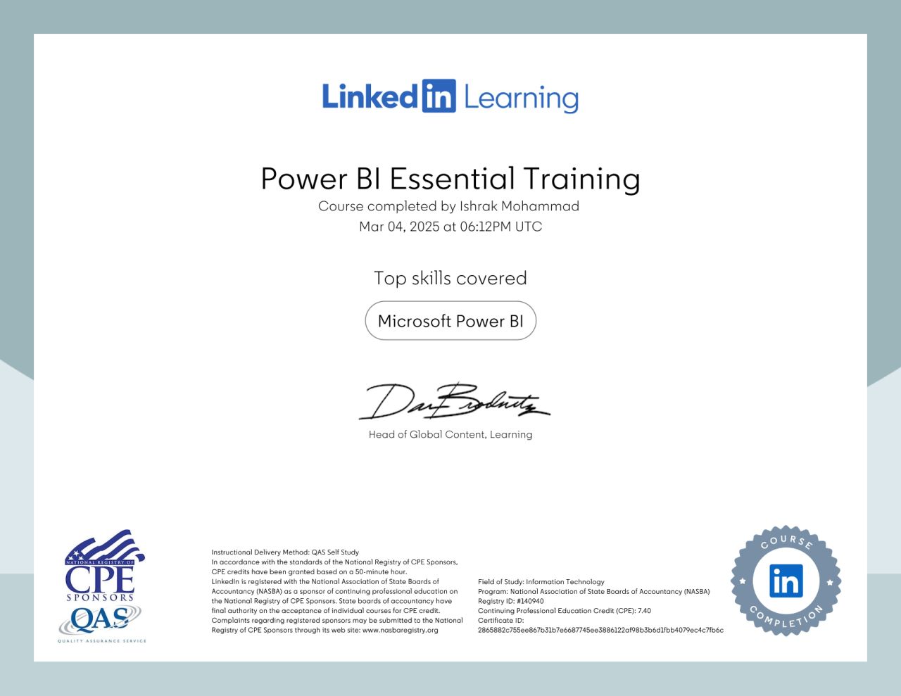 LinkedIn Learning Power BI Essential Training certificate
