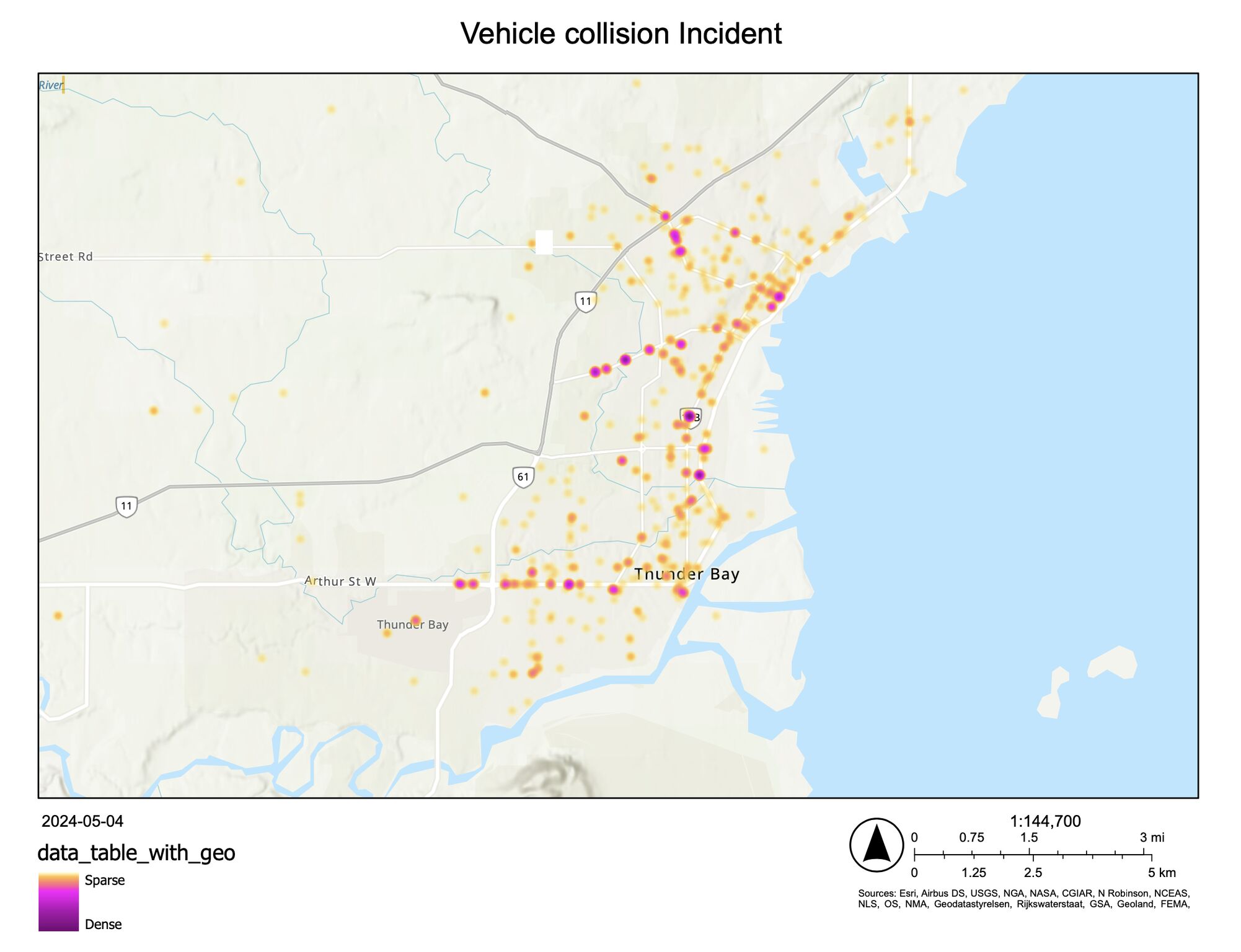 Heat map of vehicle collision incidents across Thunder Bay